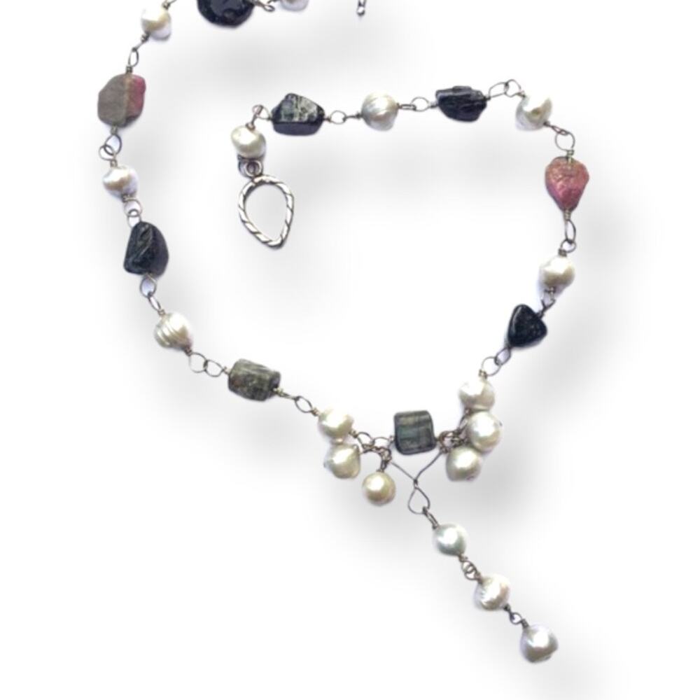 Artisan natural pearl and raw watermelon tourmaline / stone necklace